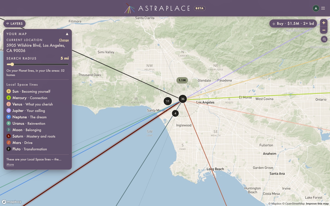The Astraplace map of Los Angeles, drawn from one address, with ten planetary lines running out across the city and the eight life-area sectors named around it.