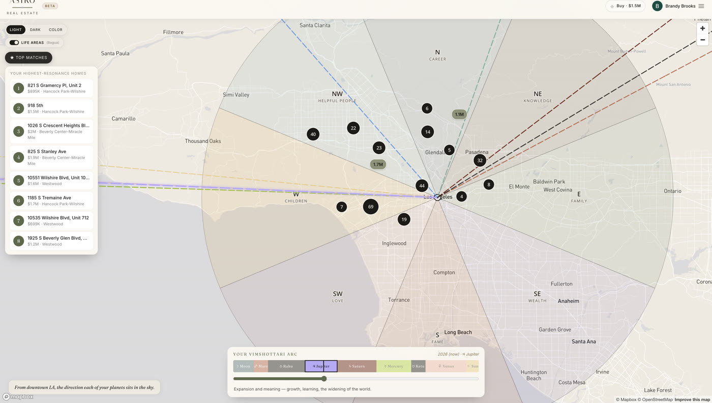 The Astro Realtor map of Los Angeles, scored to a birth chart, with the highest-resonance homes listed alongside planetary lines drawn across the city.