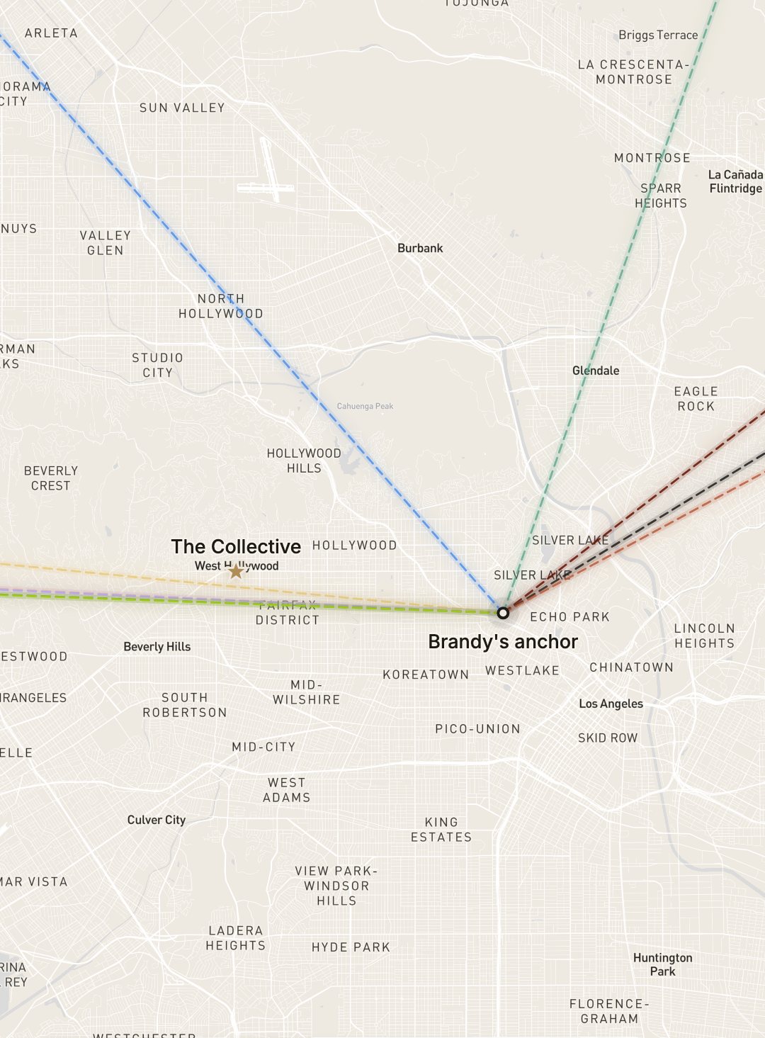 Brandy's Astro Realtor map of Los Angeles: her chart's Sun, Jupiter, Mercury, Venus and Moon lines run west from her anchor and land on The Collective Realty office in West Hollywood.