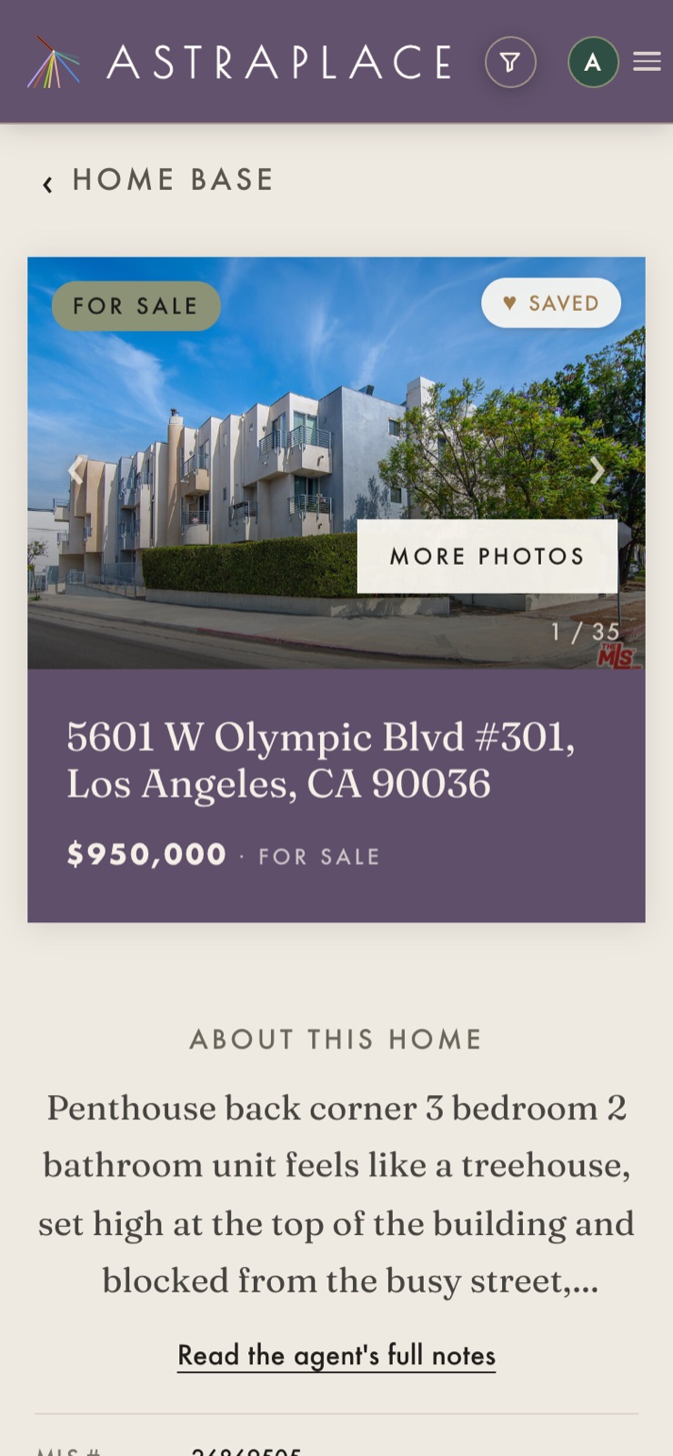 A single listing in Astraplace on a phone: photograph, address, price, and the opening of the agent's notes on the home.