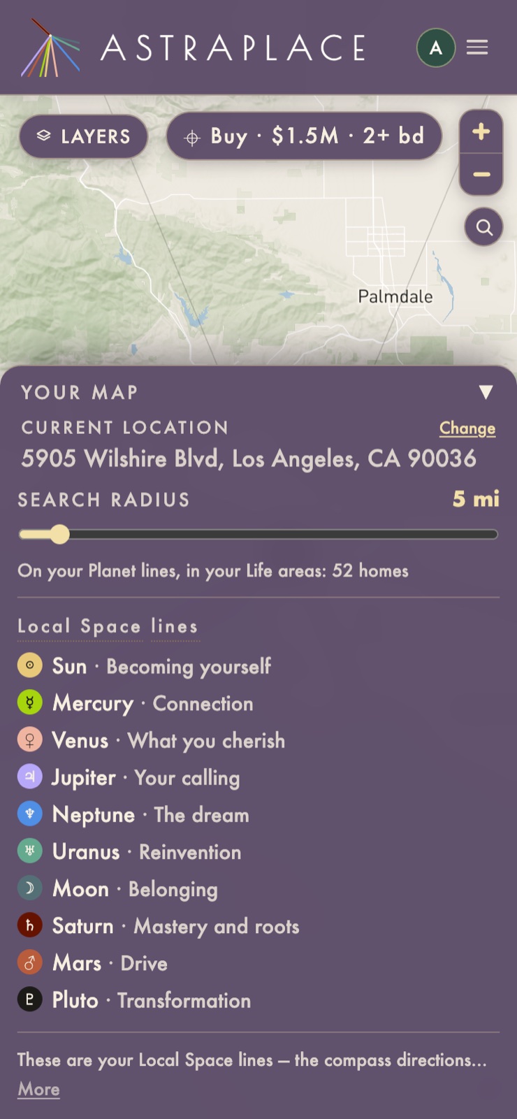 Astraplace on a phone: the map panel open, showing the current address, a five-mile search radius, and the ten Local Space lines with their meanings.