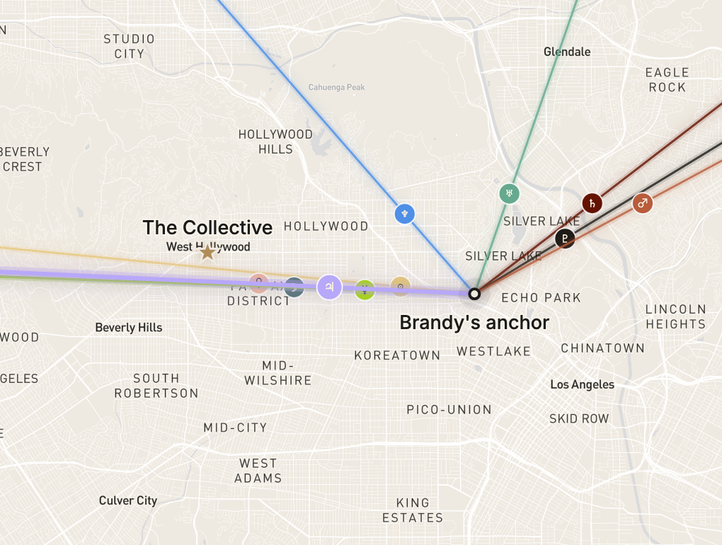 Brandy Brooks's Local Space planetary lines drawn from her home anchor, five of them landing on The Collective office in West Hollywood